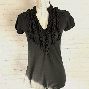 Ann Taylor Loft Black Ruffle Front Short Sleeve Shirt